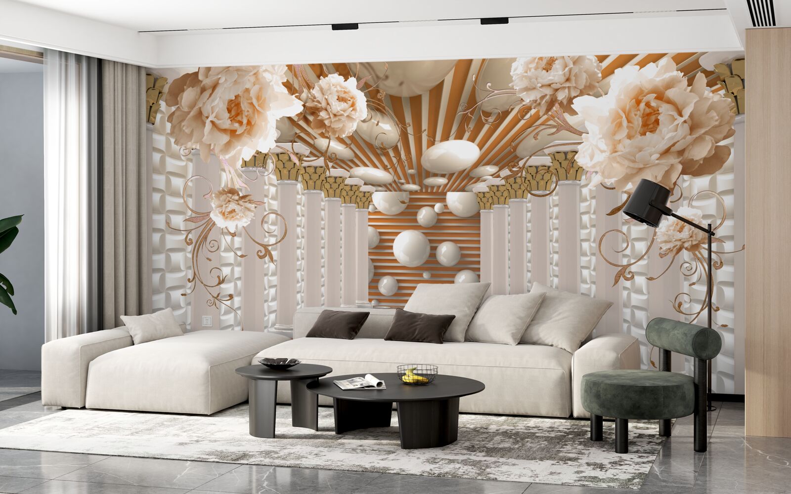 Fotobehang abstracte tunnel versierd met bloemen en ballen