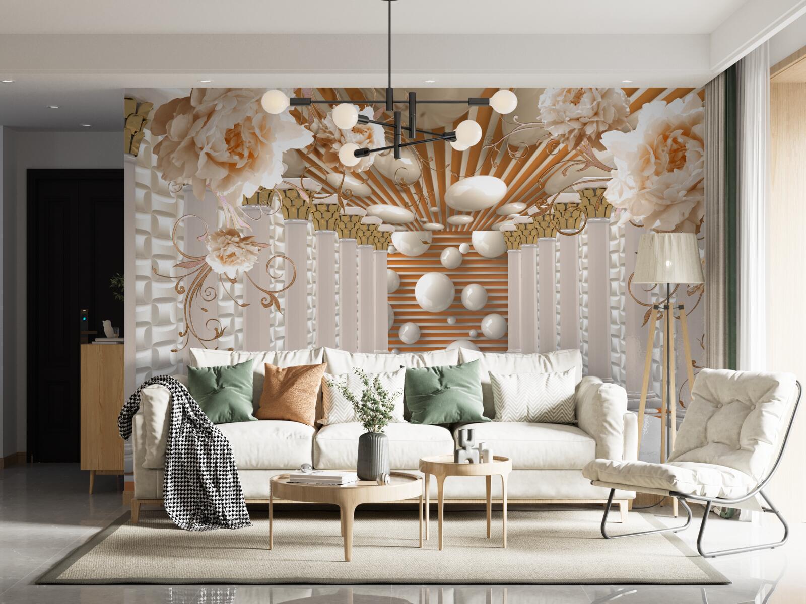 Fotobehang abstracte tunnel versierd met bloemen en ballen