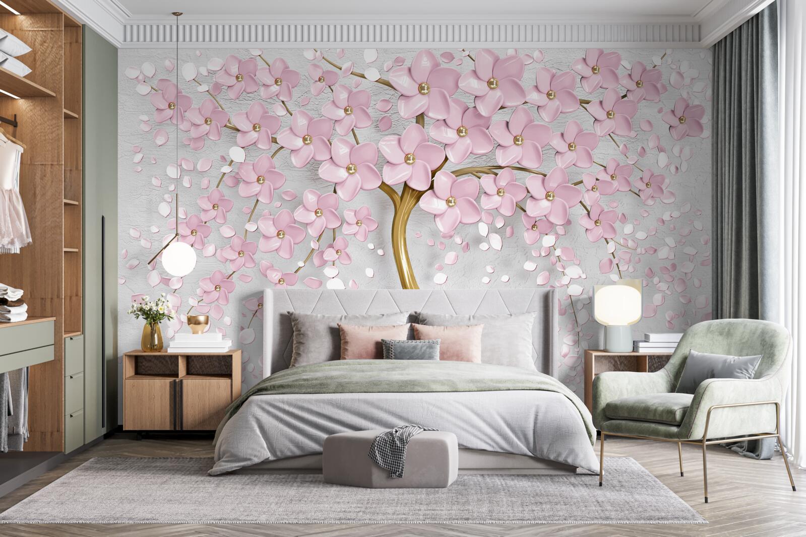 Fotobehang bloeiende boom met overhangende takken