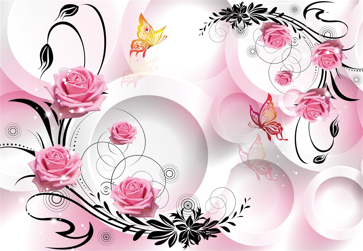 Fotobehang roze knopontwerp met zwarte takken