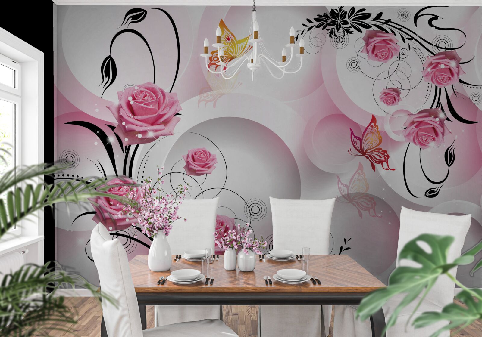 Fotobehang roze knopontwerp met zwarte takken