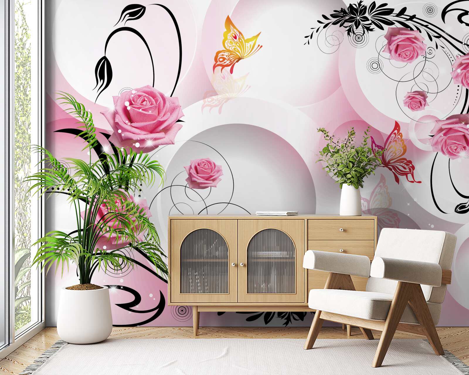 Fotobehang roze knopontwerp met zwarte takken