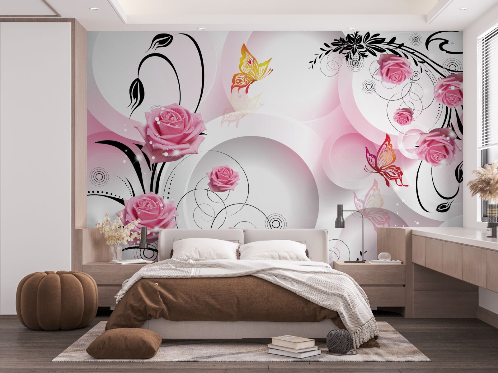 Fotobehang roze knopontwerp met zwarte takken