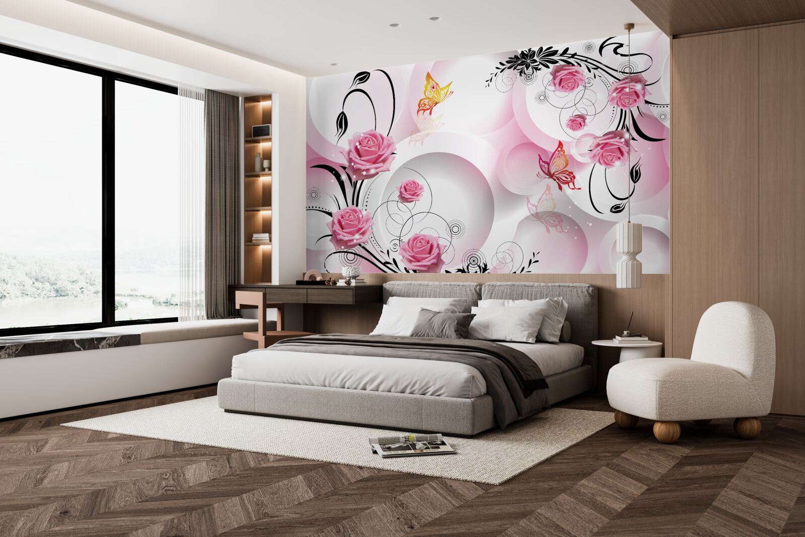 Fotobehang roze knopontwerp met zwarte takken