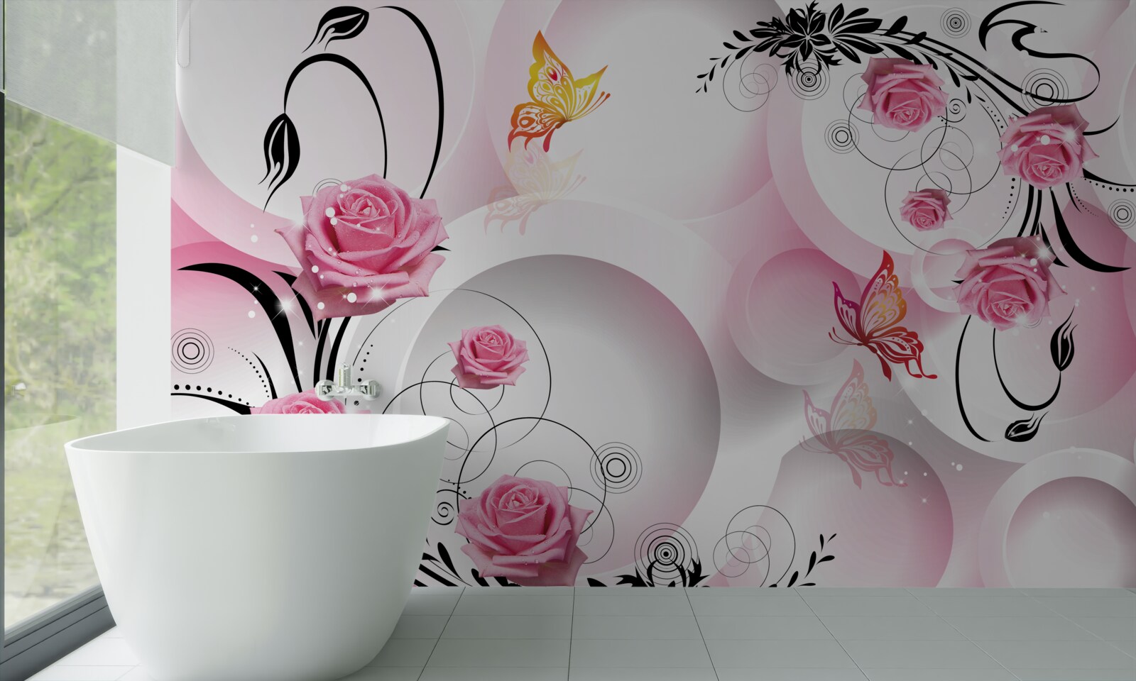 Fotobehang roze knopontwerp met zwarte takken