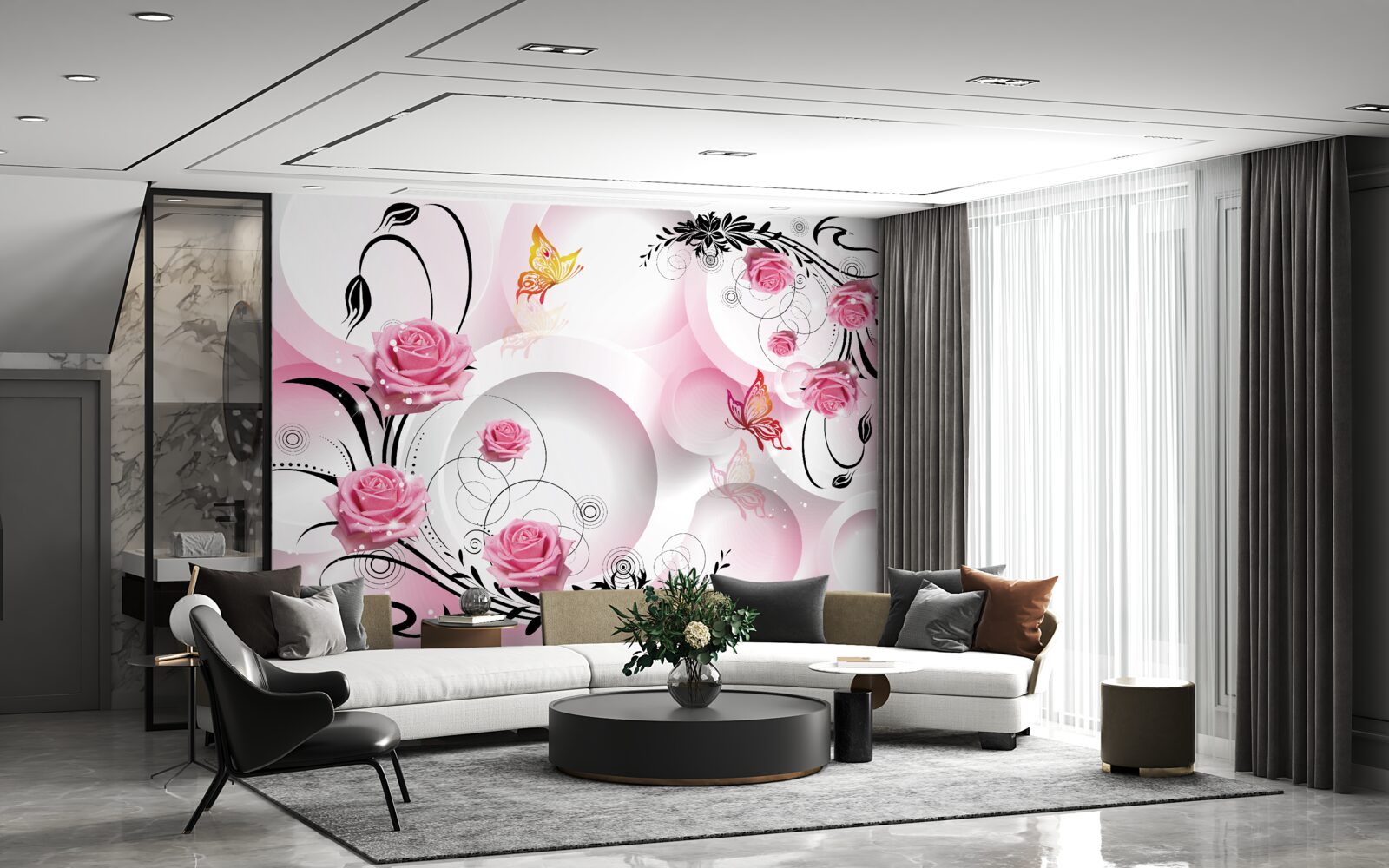 Fotobehang roze knopontwerp met zwarte takken