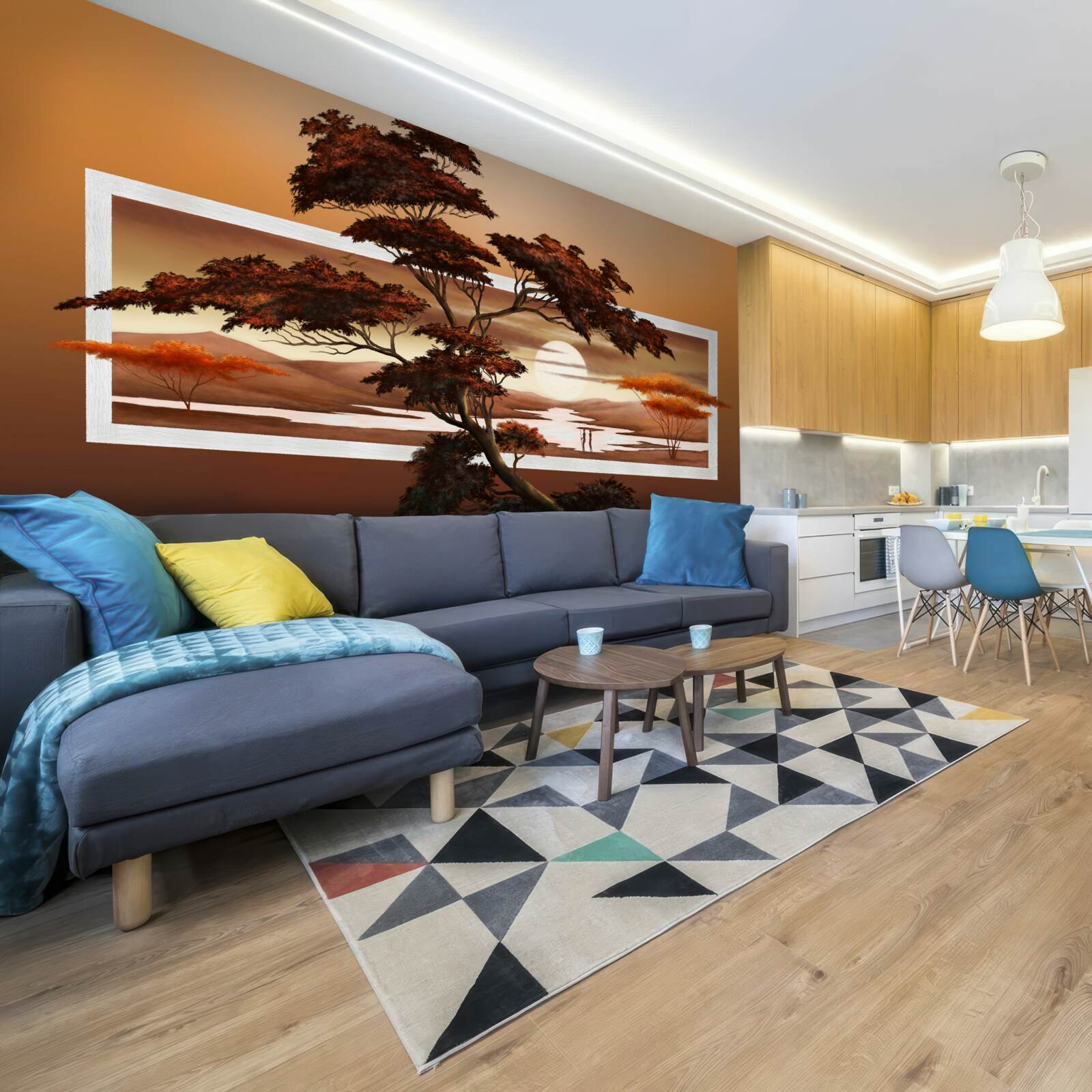 Fotobehang zon gaat onder boven bonsai