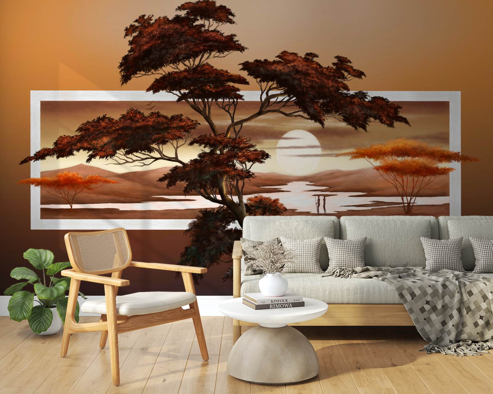 Fotobehang zon gaat onder boven bonsai