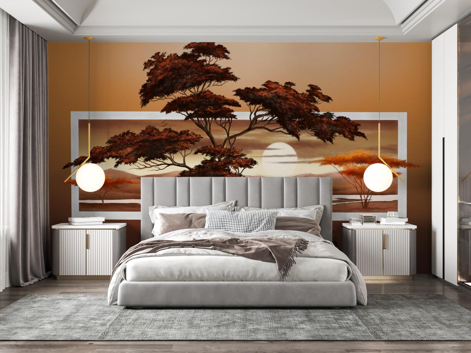 Fotobehang zon gaat onder boven bonsai