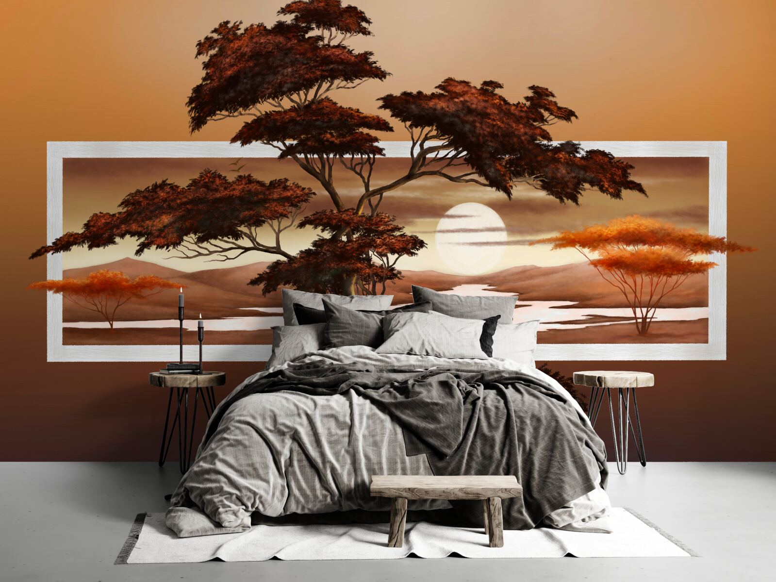 Fotobehang zon gaat onder boven bonsai