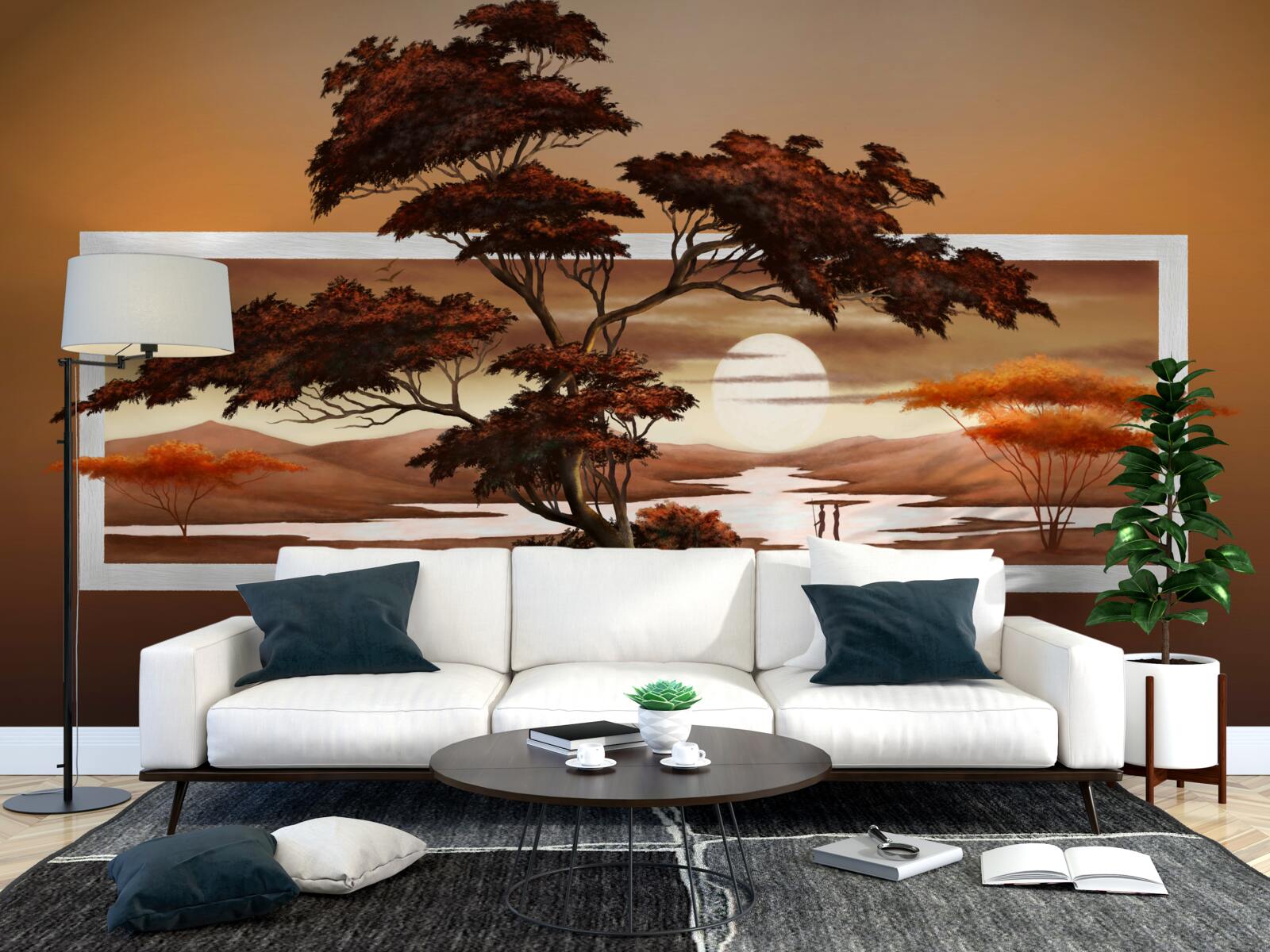 Fotobehang zon gaat onder boven bonsai