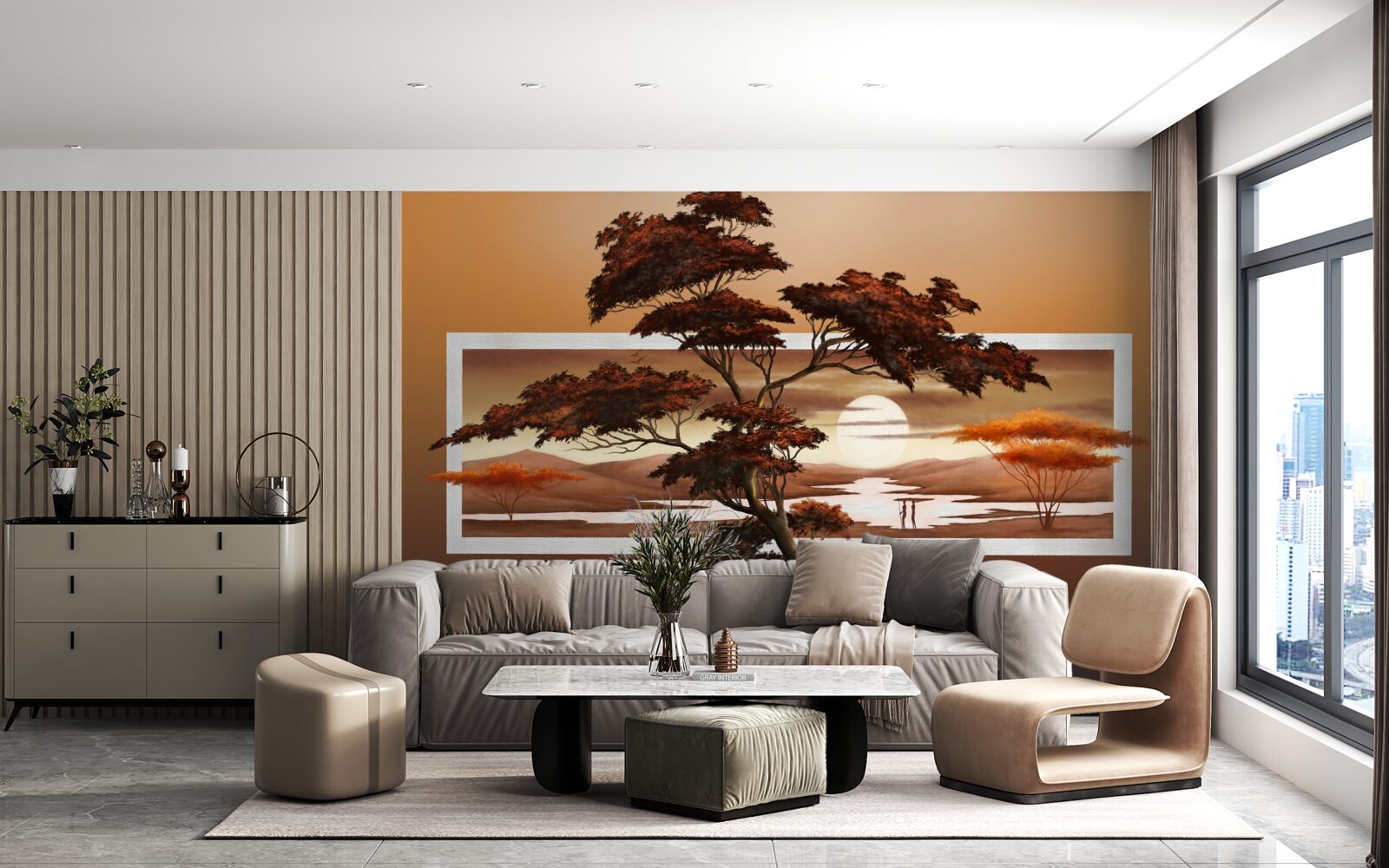 Fotobehang zon gaat onder boven bonsai