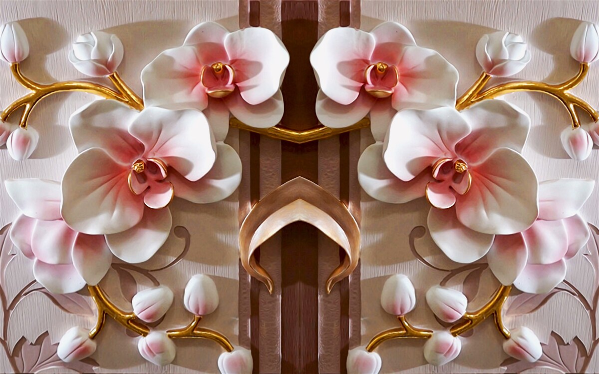 Fotobehang witte orchideeën steken zachtjes af tegen het goud van de takken