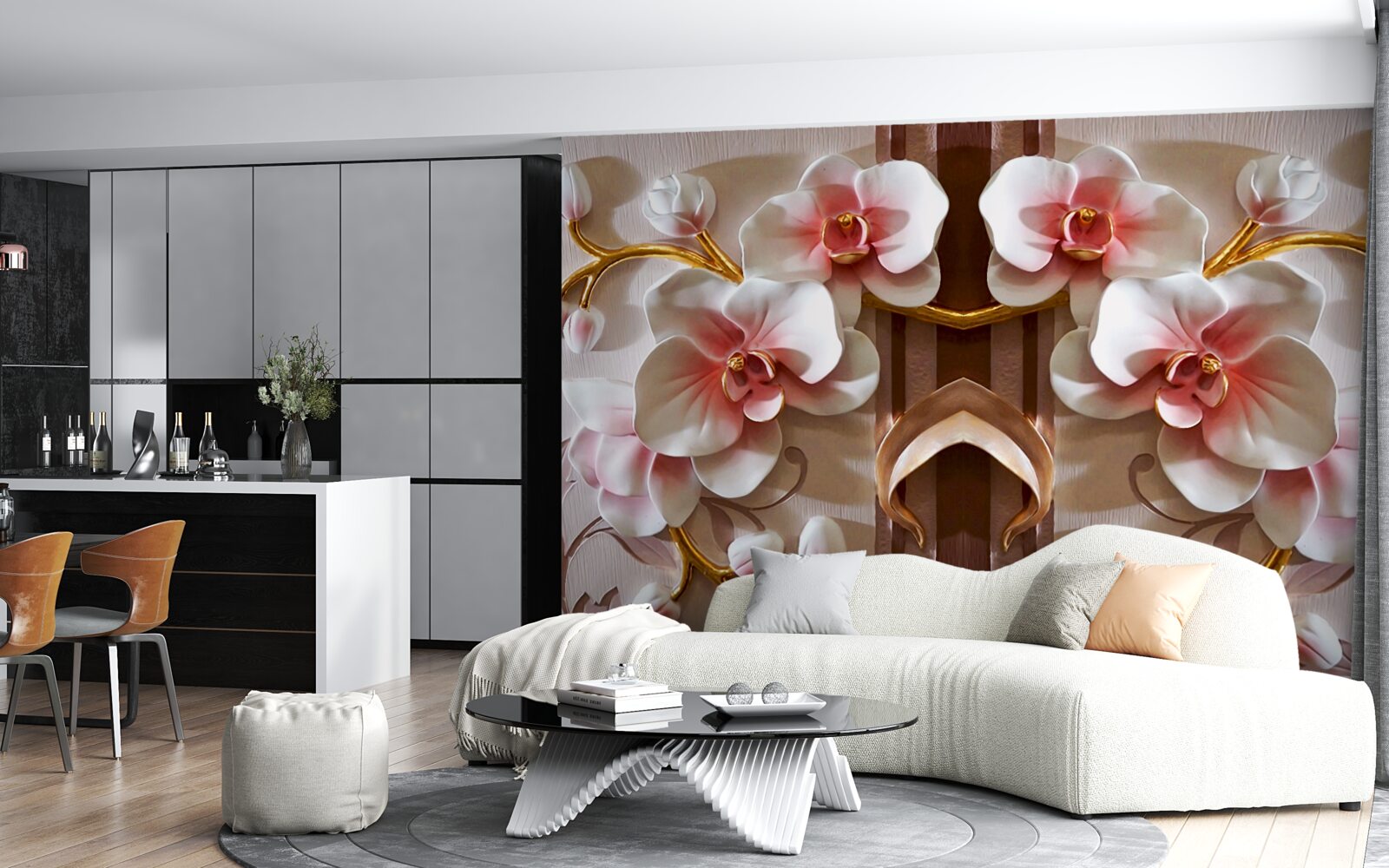 Fotobehang witte orchideeën steken zachtjes af tegen het goud van de takken