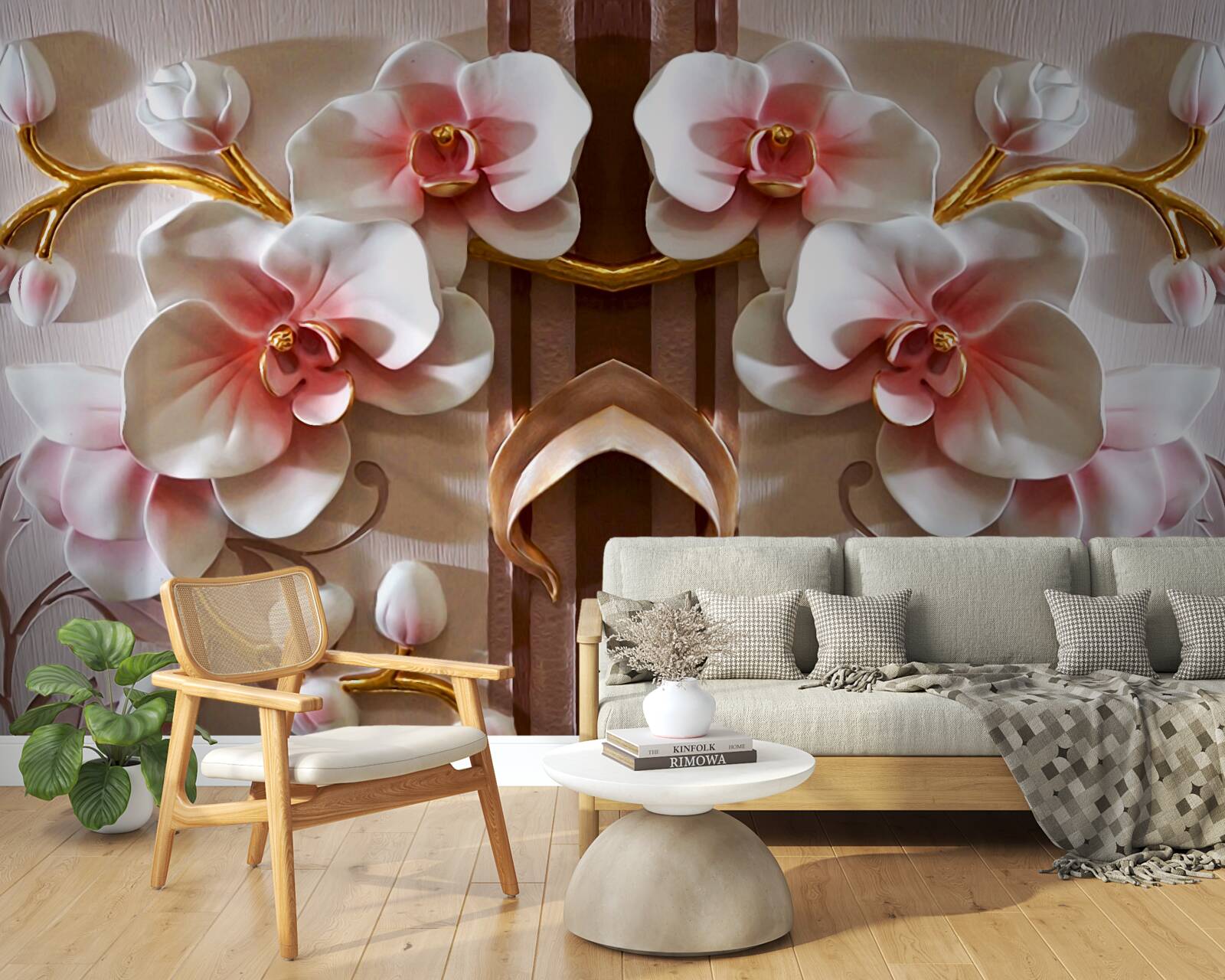 Fotobehang witte orchideeën steken zachtjes af tegen het goud van de takken