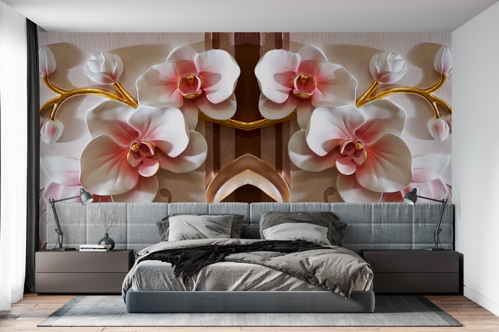 Fotobehang witte orchideeën steken zachtjes af tegen het goud van de takken