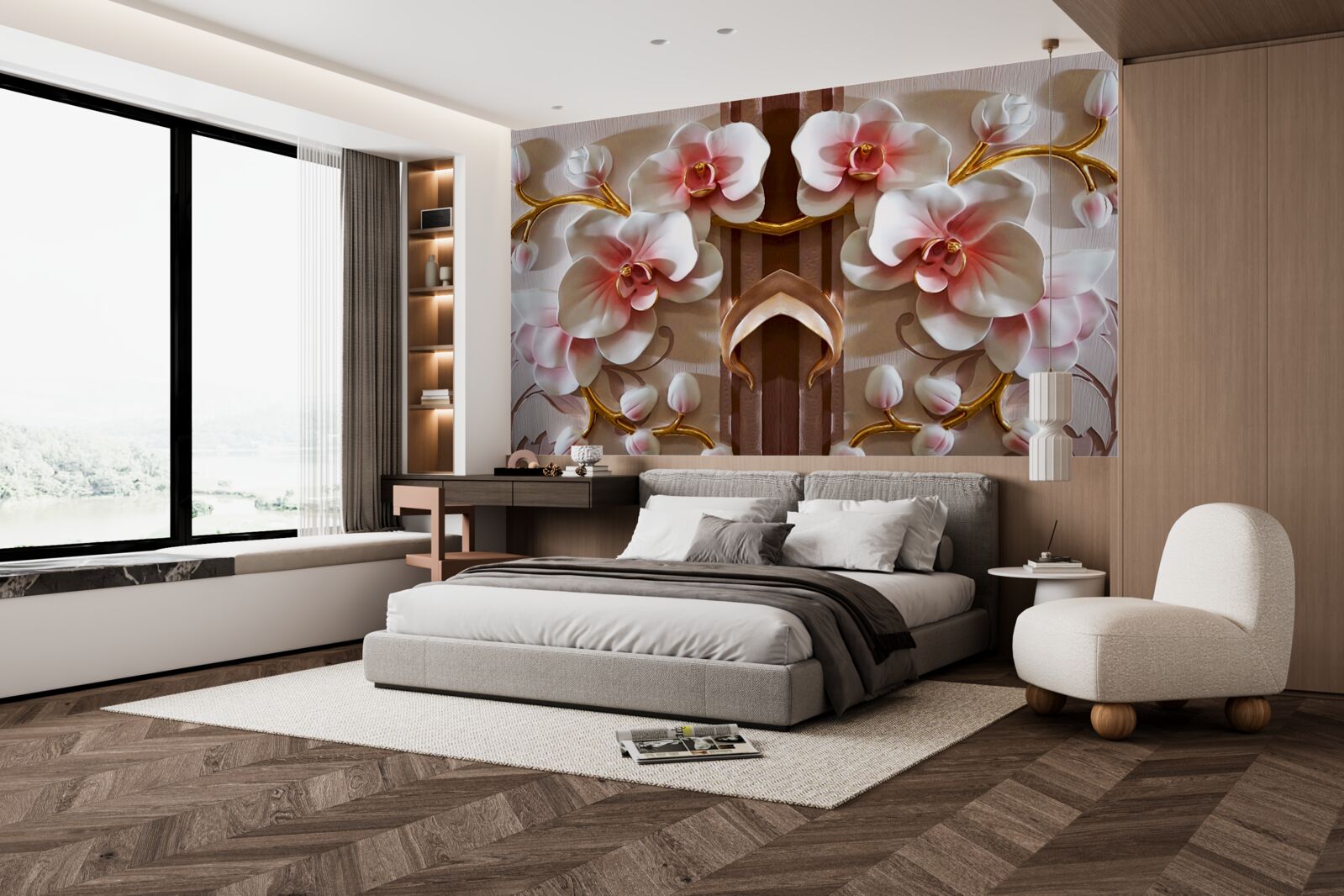 Fotobehang witte orchideeën steken zachtjes af tegen het goud van de takken