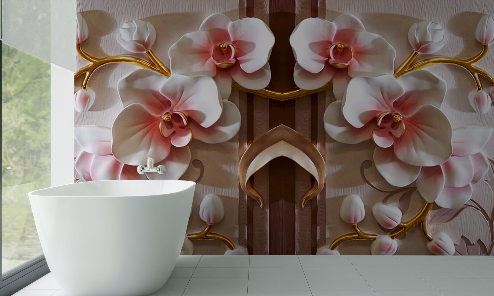 Fotobehang witte orchideeën steken zachtjes af tegen het goud van de takken