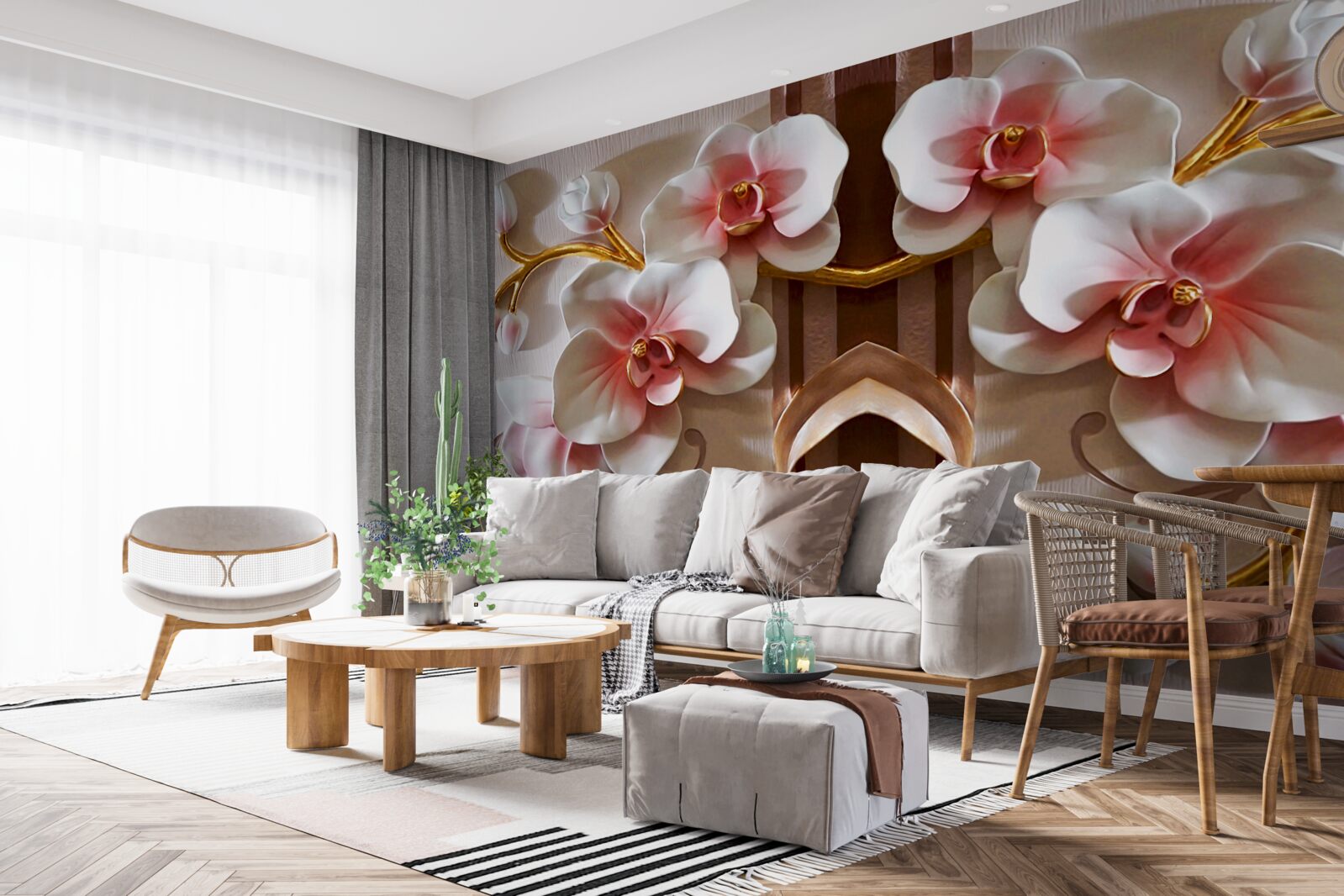 Fotobehang witte orchideeën steken zachtjes af tegen het goud van de takken