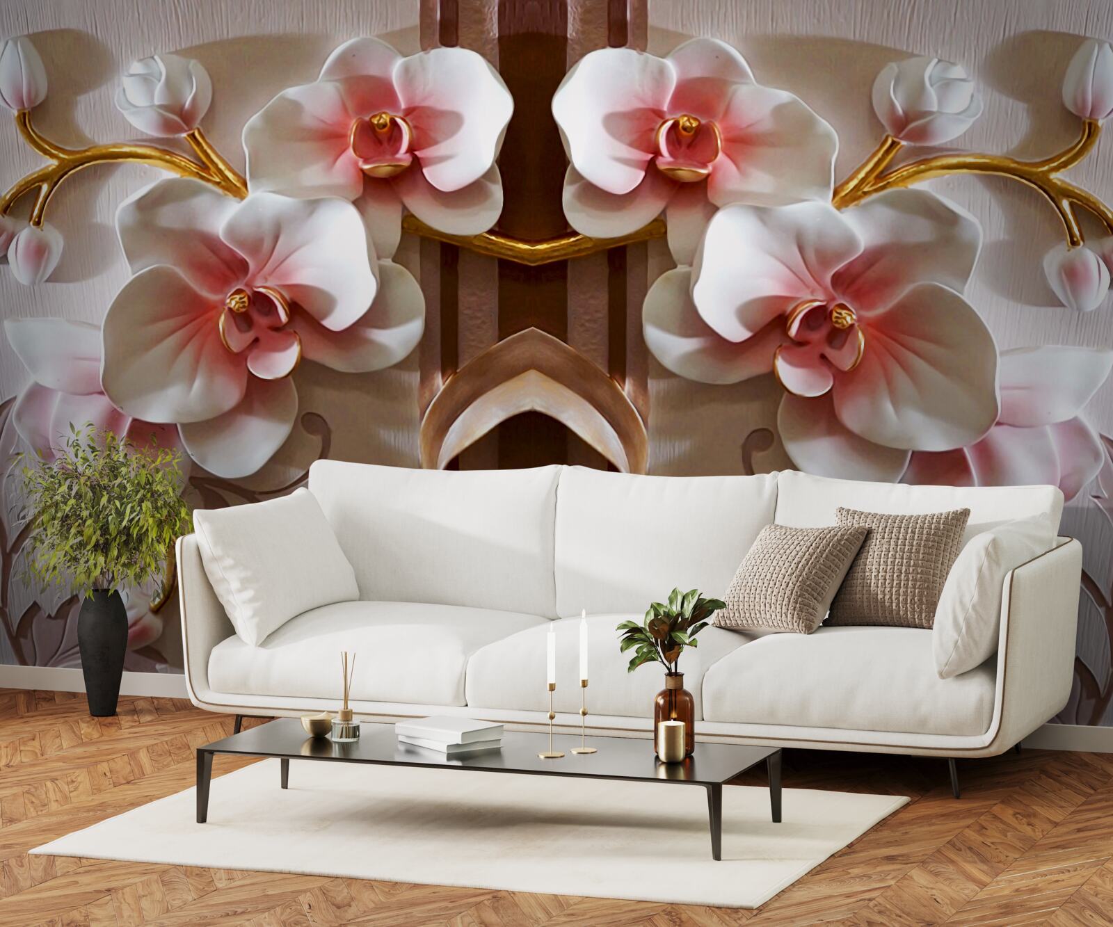 Fotobehang witte orchideeën steken zachtjes af tegen het goud van de takken