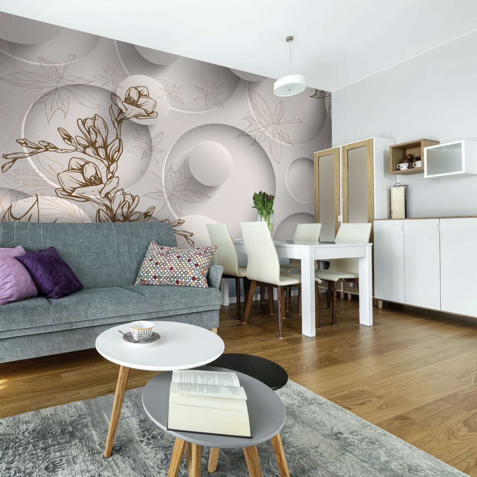 Fotobehang bomen met gouden takken tegen een achtergrond van ronde vormen