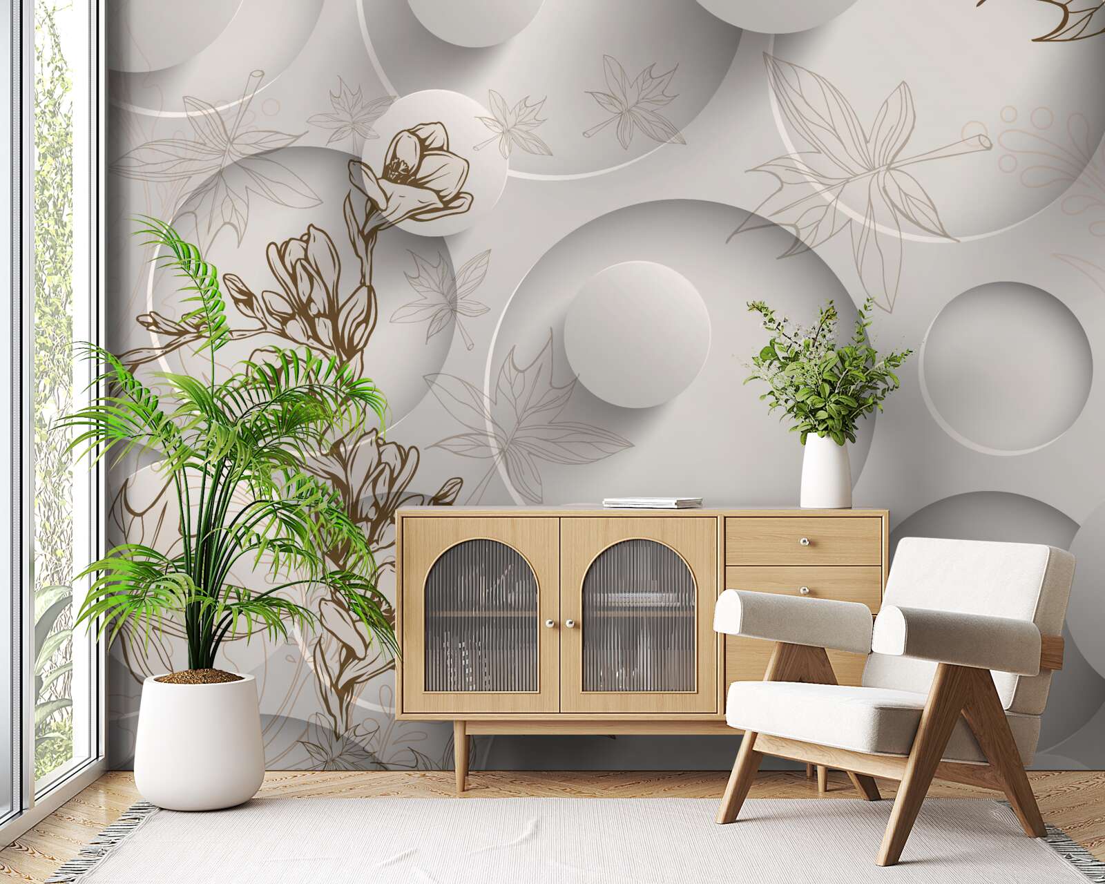 Fotobehang bomen met gouden takken tegen een achtergrond van ronde vormen