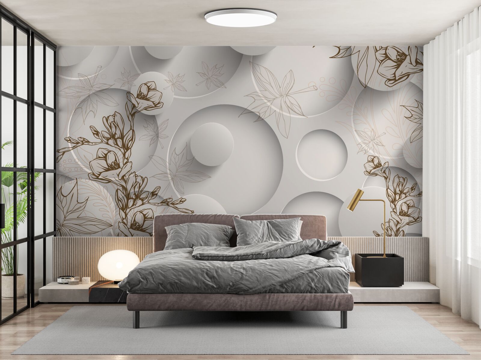 Fotobehang bomen met gouden takken tegen een achtergrond van ronde vormen