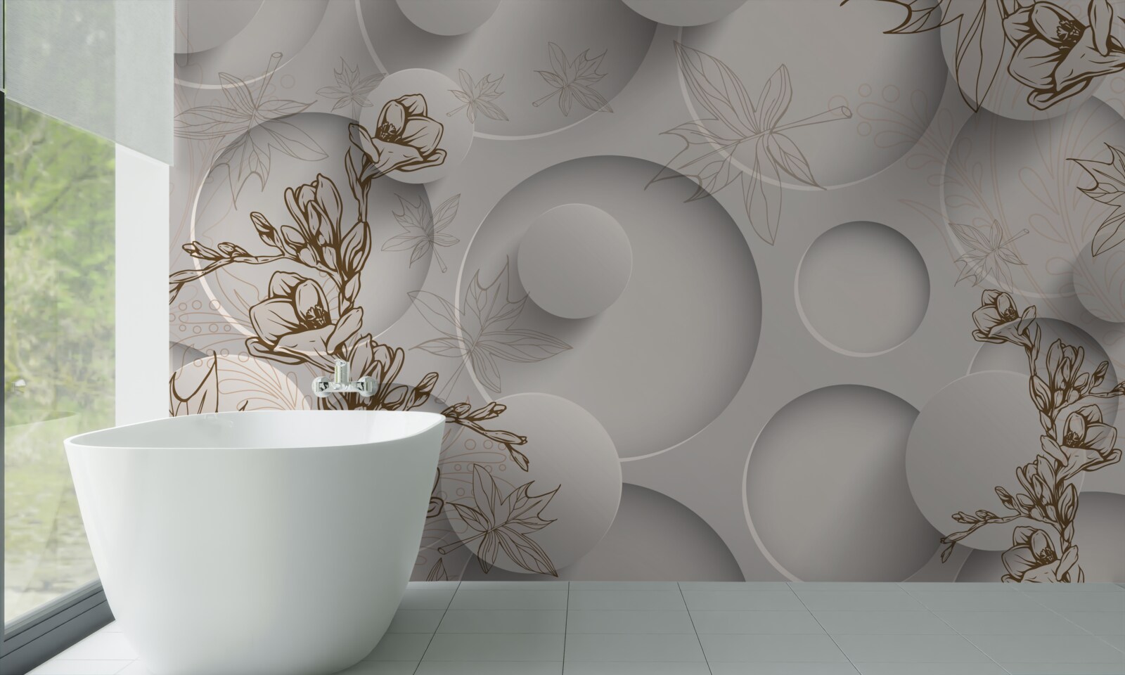 Fotobehang bomen met gouden takken tegen een achtergrond van ronde vormen