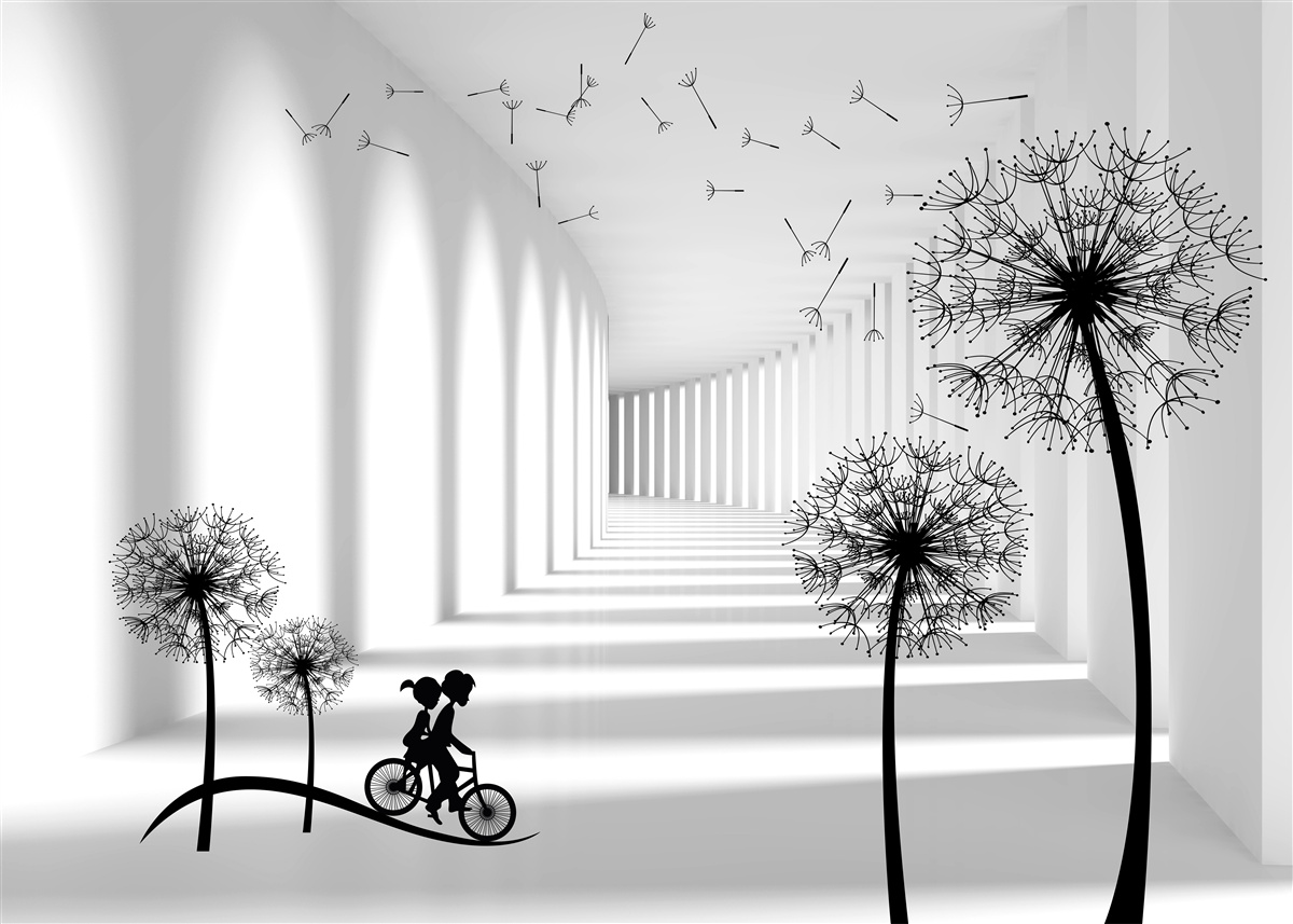 Fotobehang door de wind verwaaide paardenbloemen vallen