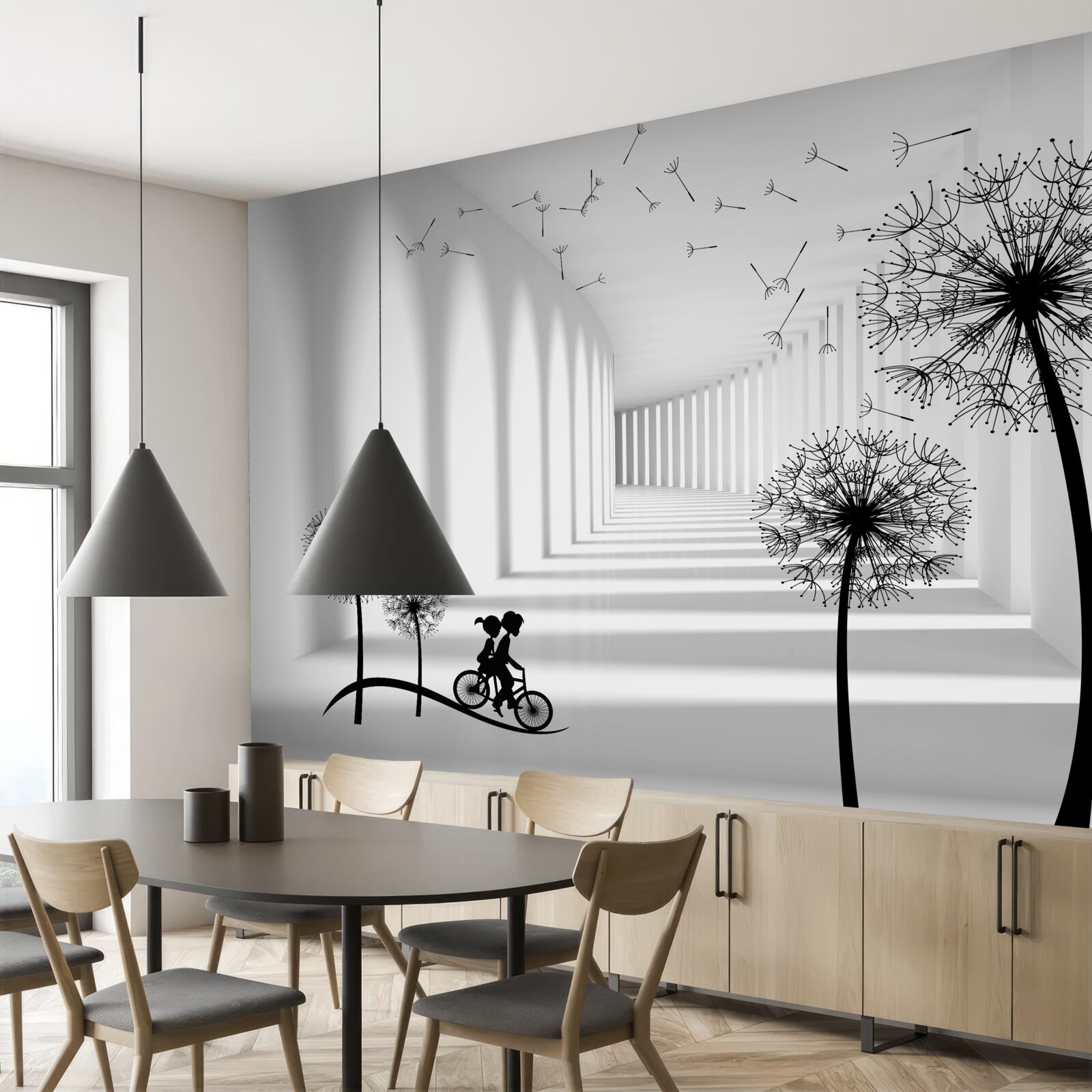 Fotobehang door de wind verwaaide paardenbloemen vallen