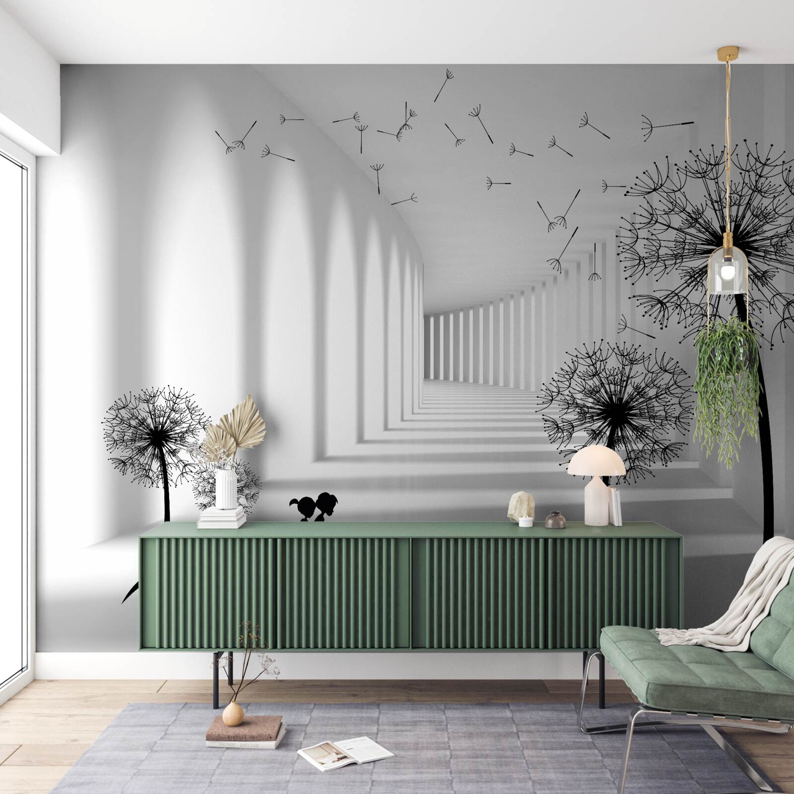 Fotobehang door de wind verwaaide paardenbloemen vallen