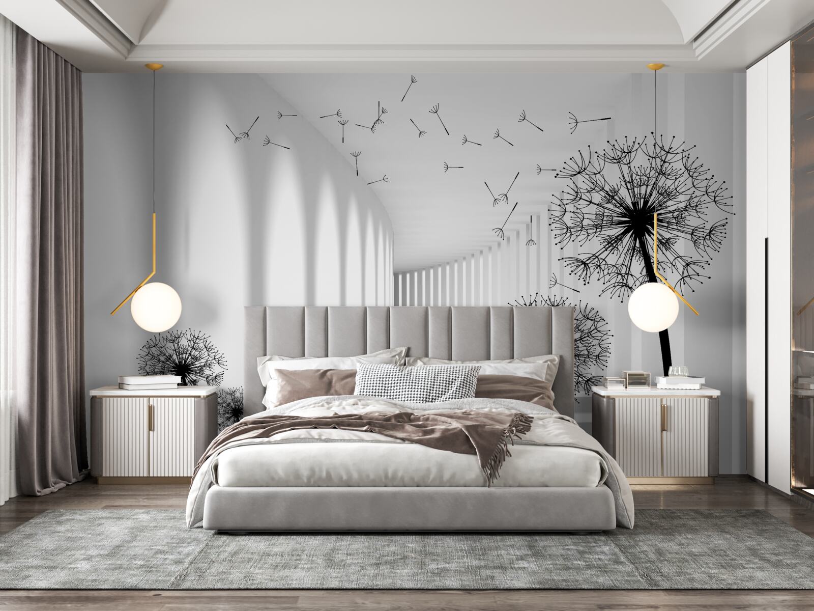 Fotobehang door de wind verwaaide paardenbloemen vallen