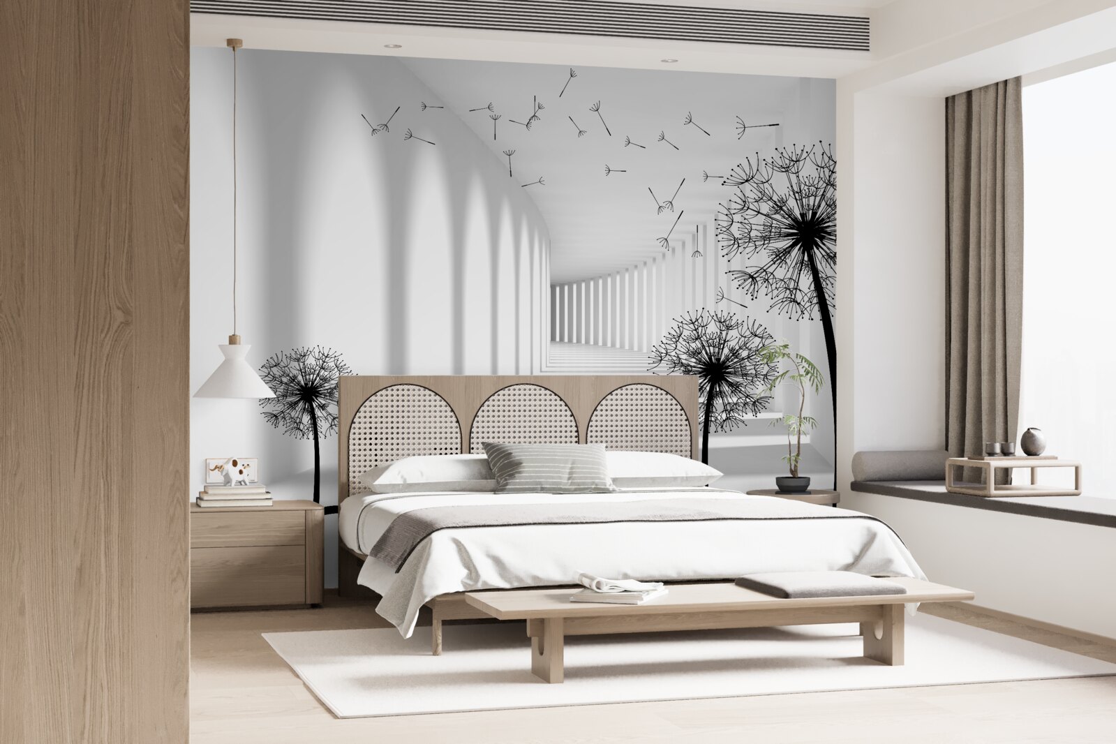 Fotobehang door de wind verwaaide paardenbloemen vallen