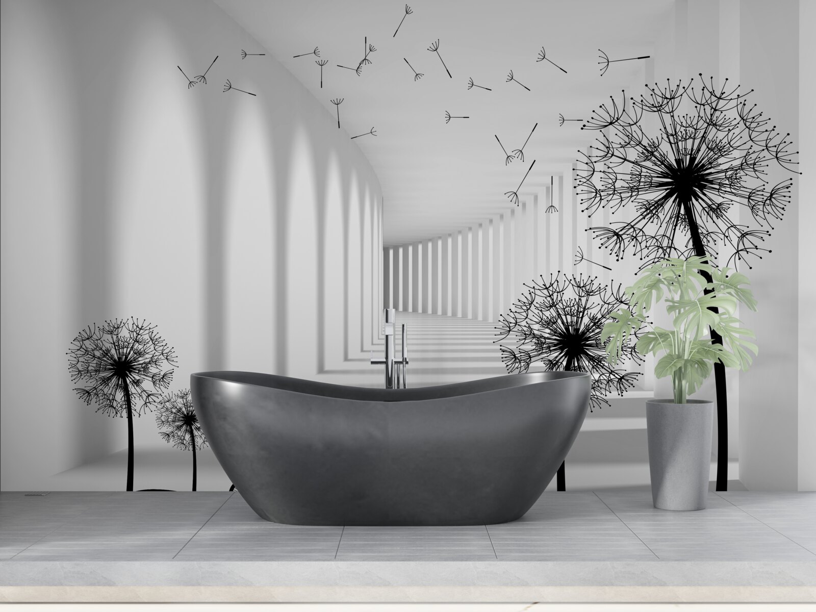 Fotobehang door de wind verwaaide paardenbloemen vallen