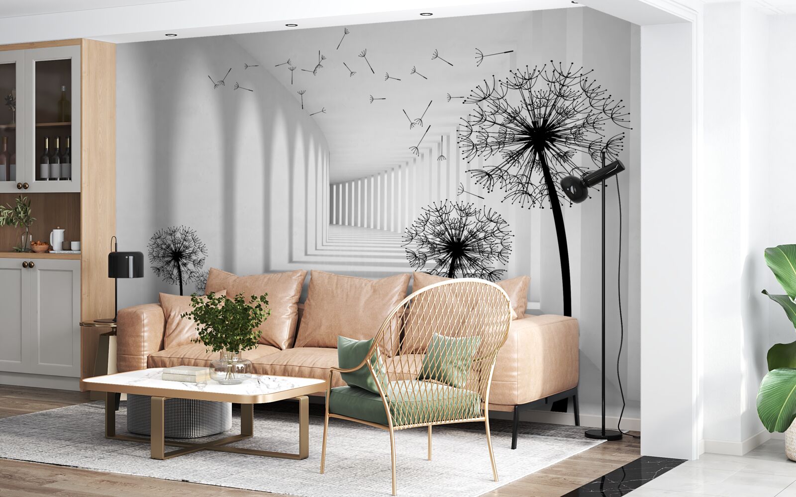 Fotobehang door de wind verwaaide paardenbloemen vallen