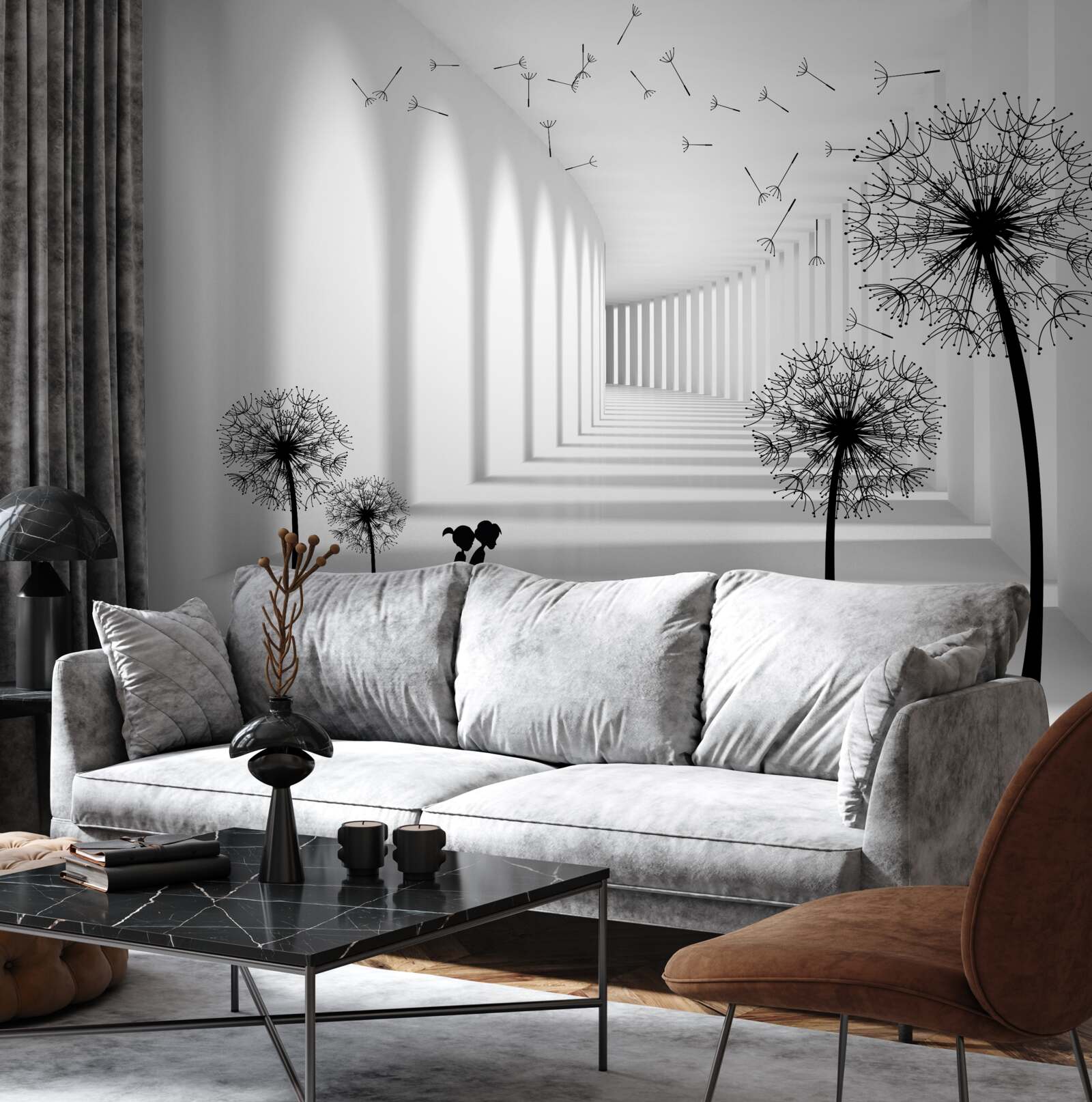 Fotobehang door de wind verwaaide paardenbloemen vallen