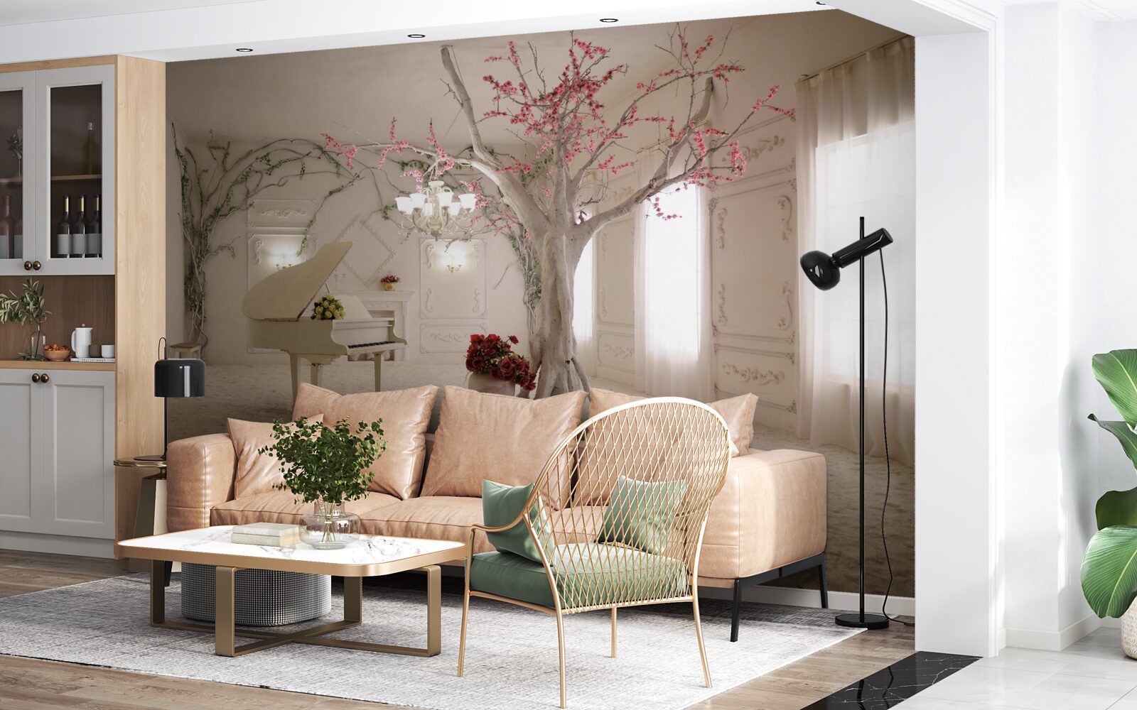 Fotobehang in het midden van de kamer staat een piano en een boom