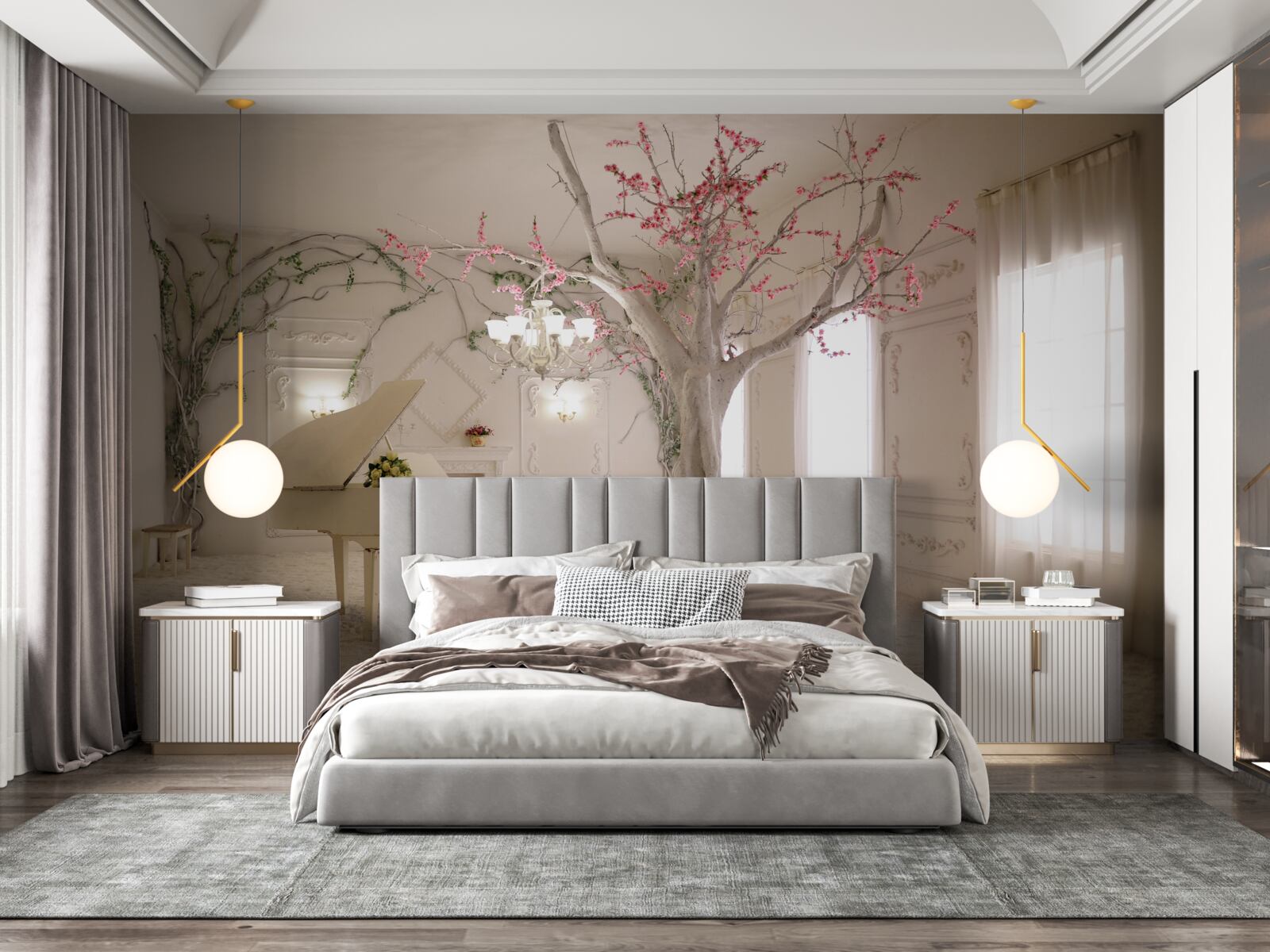 Fotobehang in het midden van de kamer staat een piano en een boom