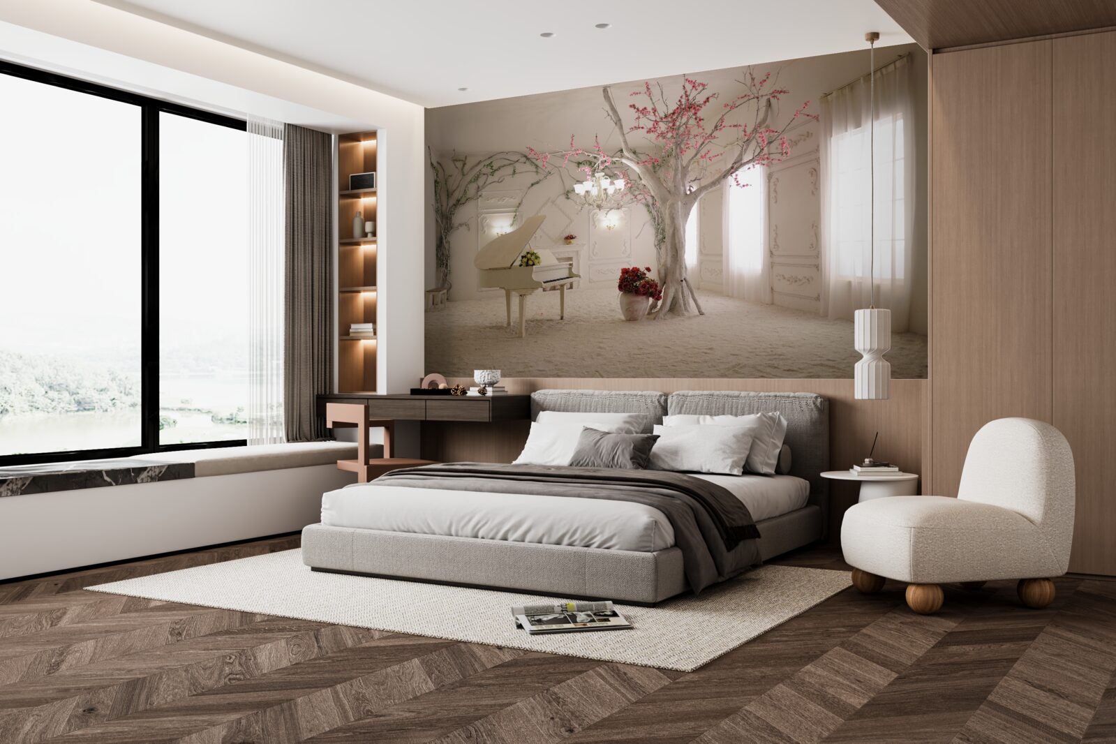 Fotobehang in het midden van de kamer staat een piano en een boom