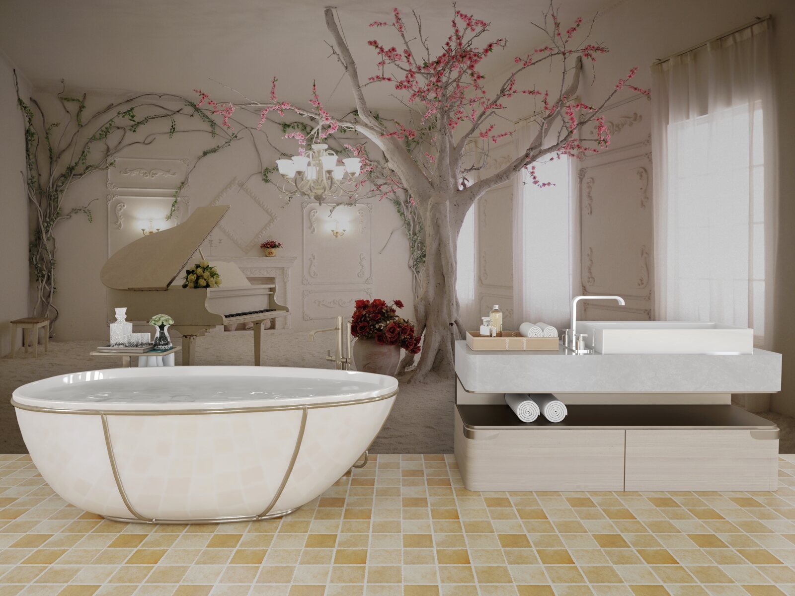 Fotobehang in het midden van de kamer staat een piano en een boom