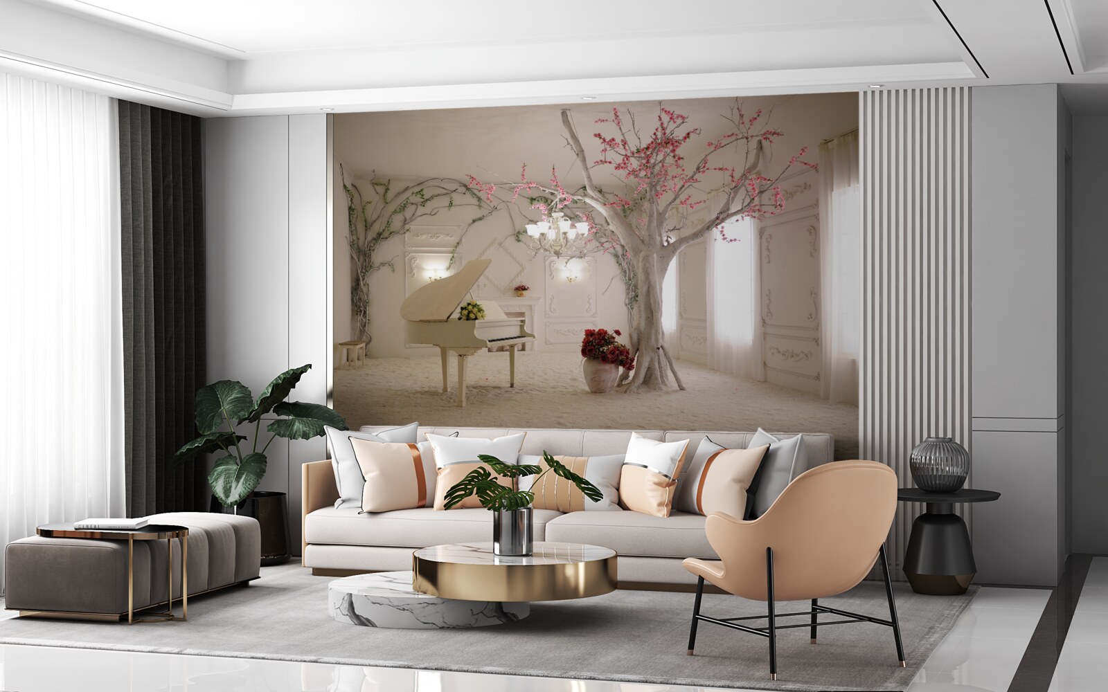 Fotobehang in het midden van de kamer staat een piano en een boom