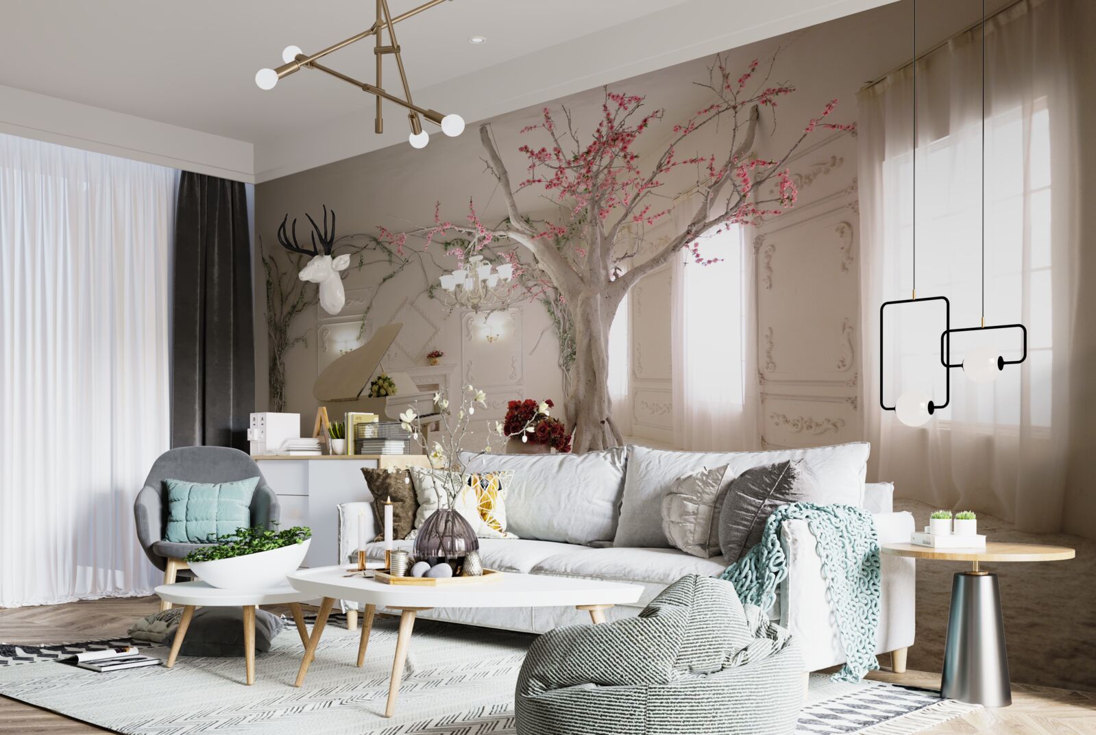 Fotobehang in het midden van de kamer staat een piano en een boom