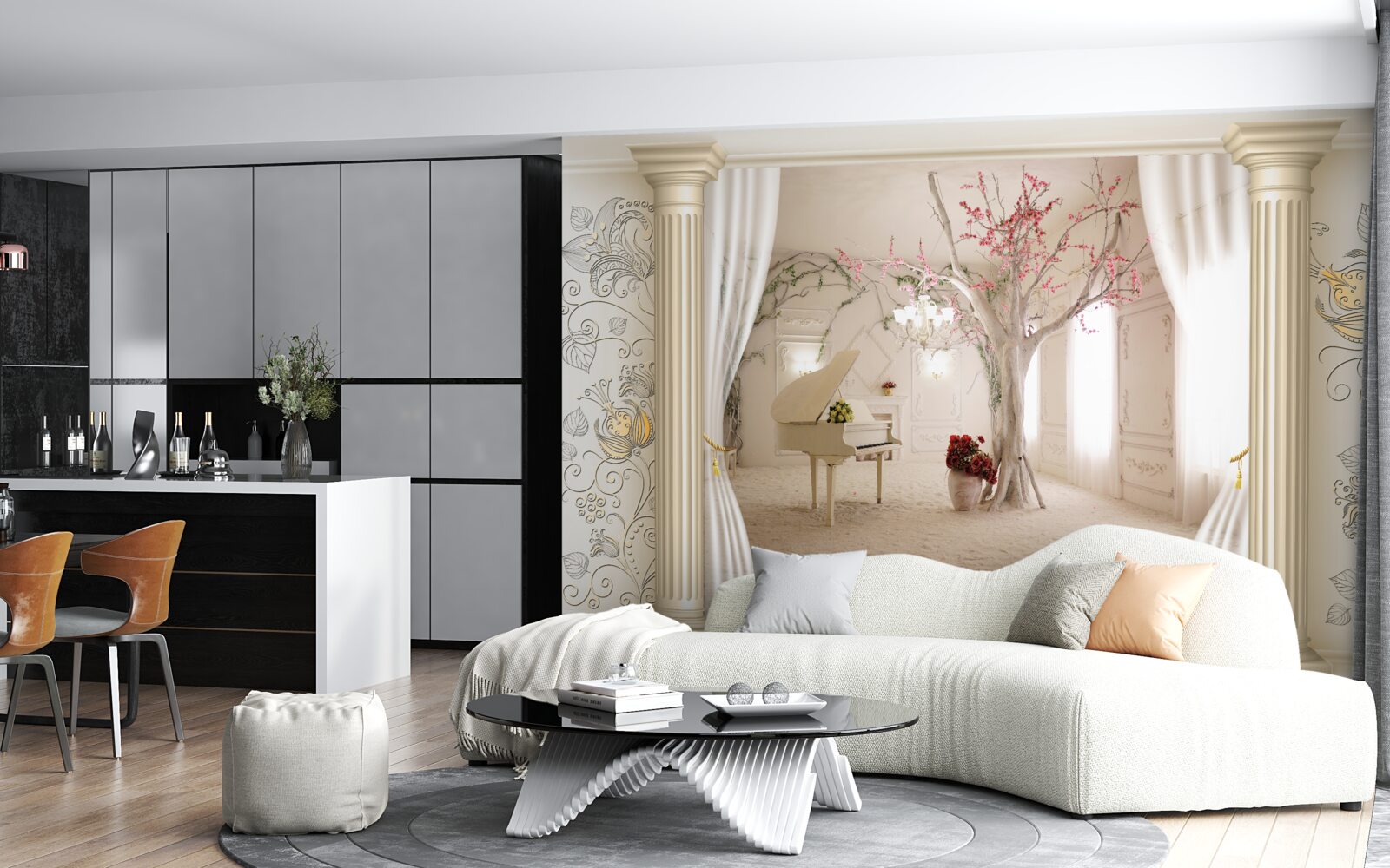 Fotobehang comfortabele woonkamer met echt hout