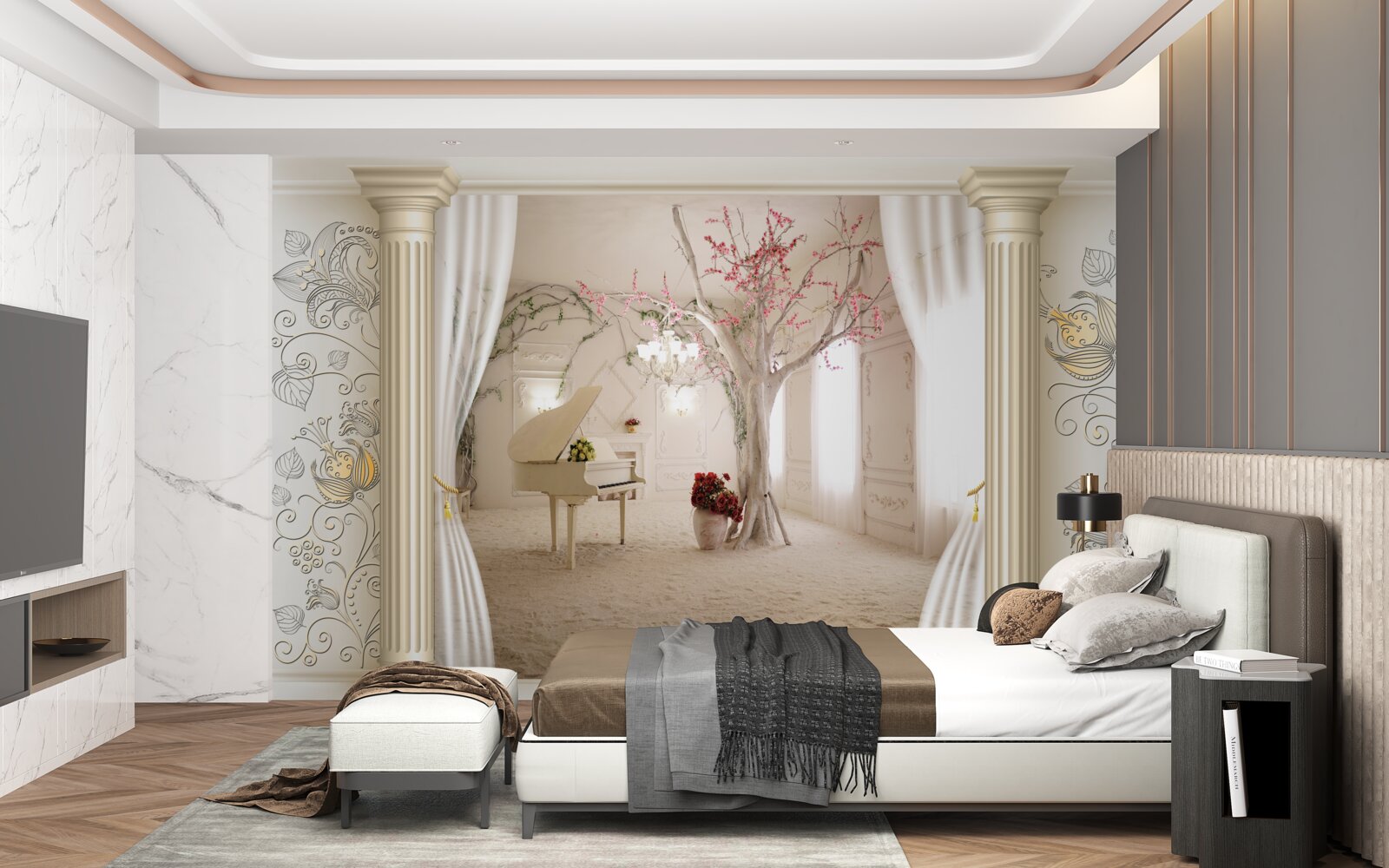 Fotobehang comfortabele woonkamer met echt hout