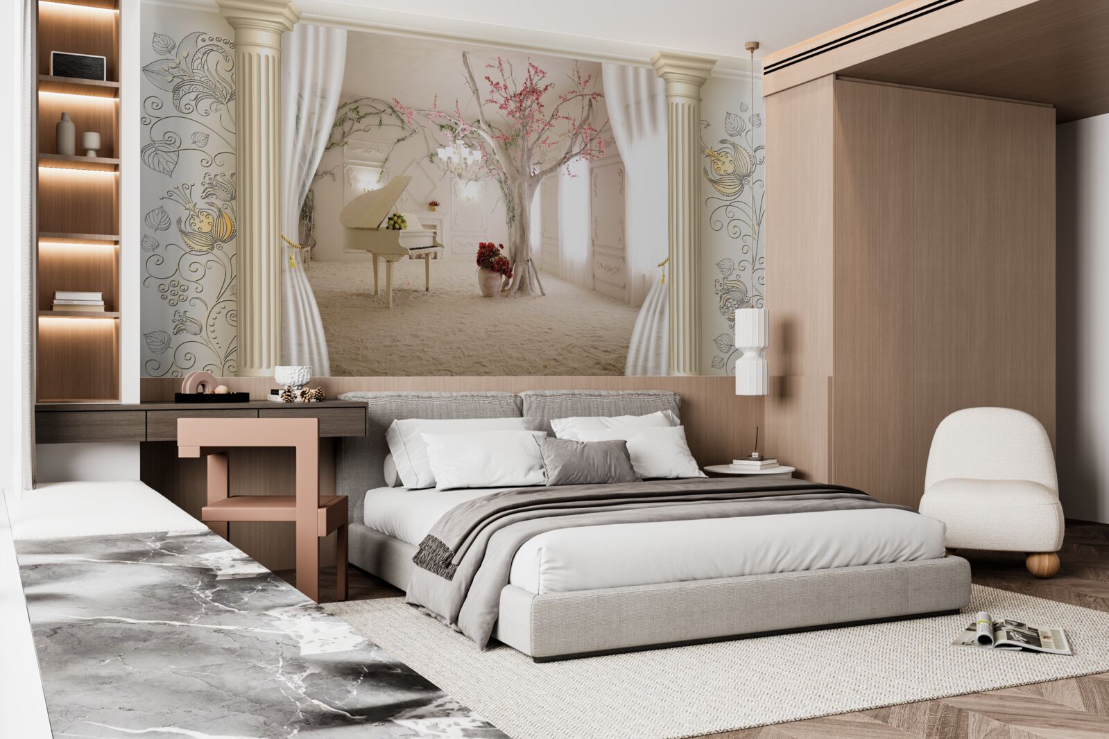 Fotobehang comfortabele woonkamer met echt hout