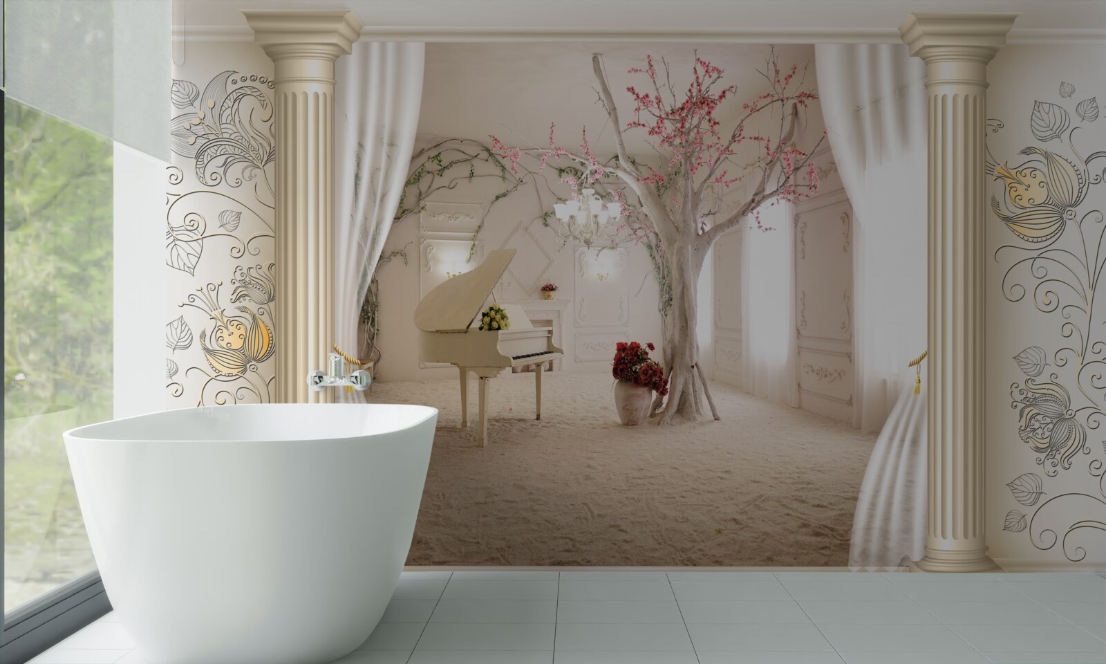 Fotobehang comfortabele woonkamer met echt hout