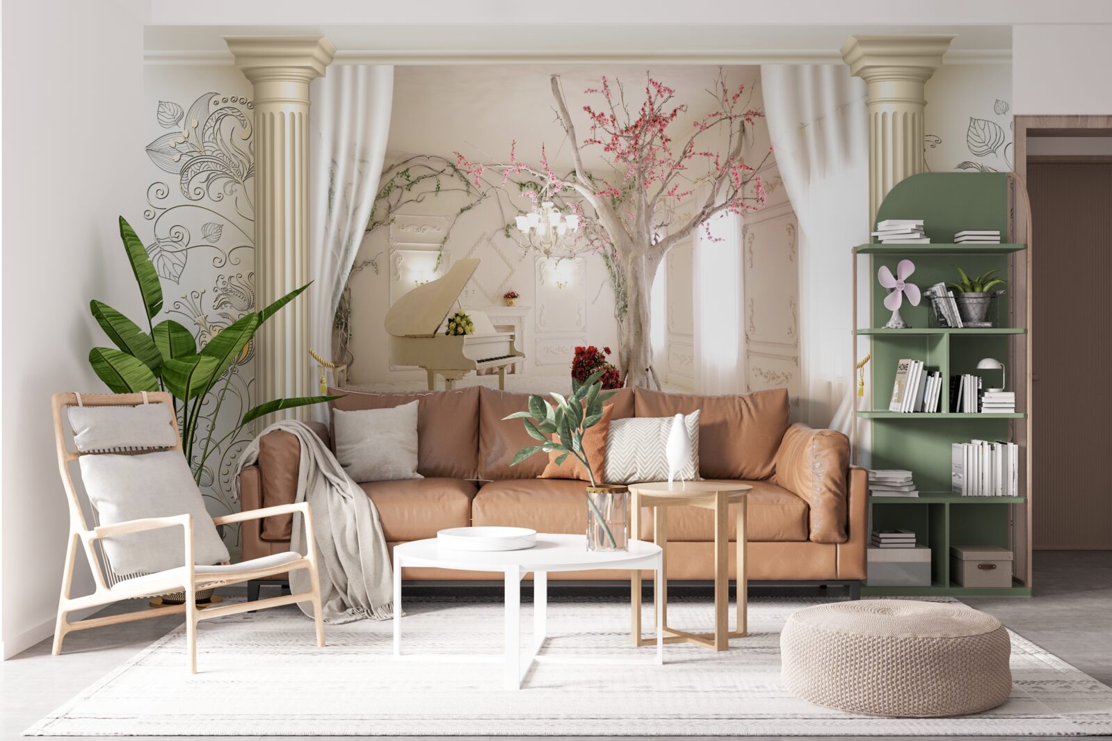 Fotobehang comfortabele woonkamer met echt hout