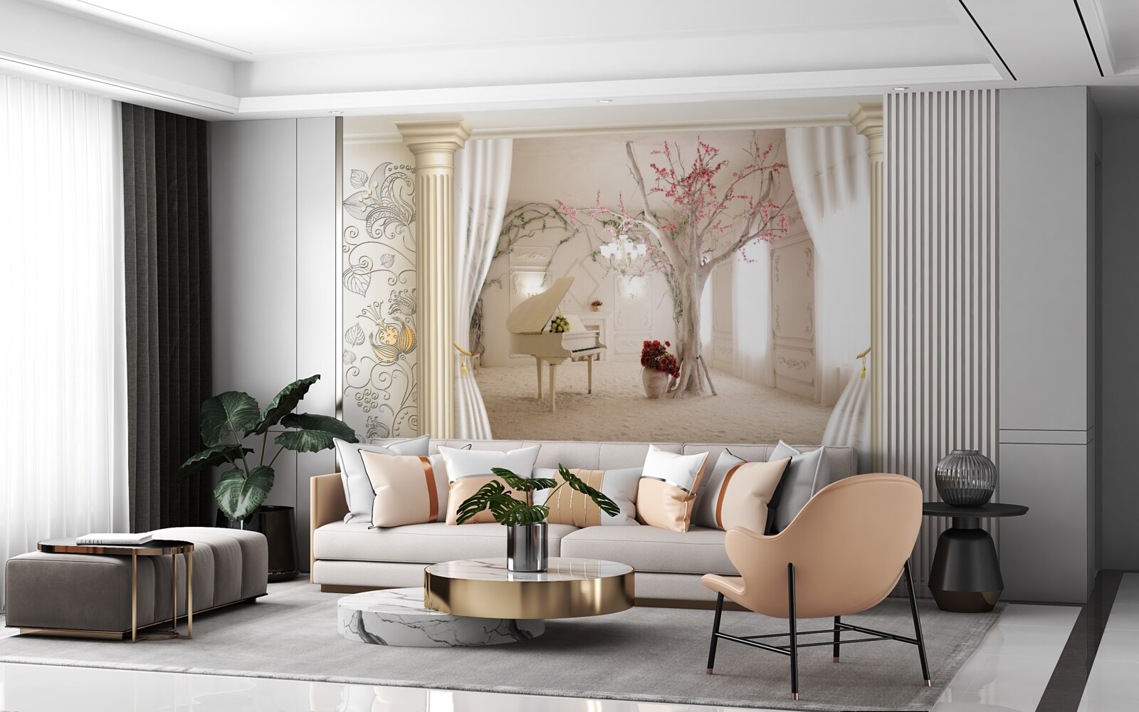 Fotobehang comfortabele woonkamer met echt hout