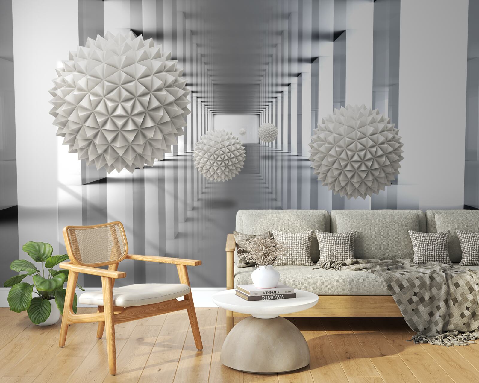 Fotobehang perspectieftunnel, verlicht en versierd met ballonnen