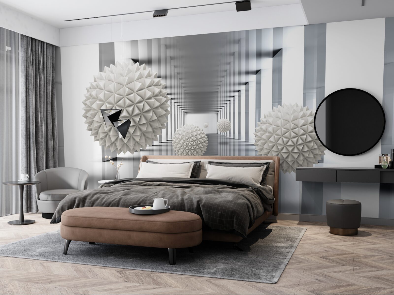 Fotobehang perspectieftunnel, verlicht en versierd met ballonnen